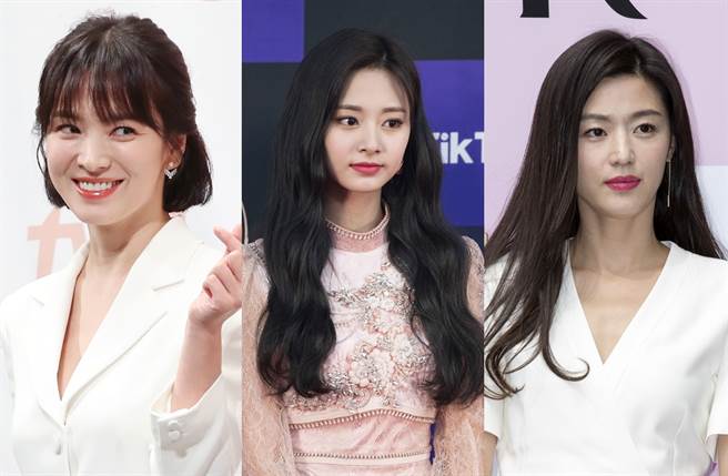 周子瑜（中）在「King Choice全球百大最美女人」获得第2名，宋慧乔、全智贤榜上无名。（图／达志影像）