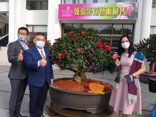 台中臻爱花园饭店董事长林志成(左二)将饭店化身为平台，即日起至3/31举办茶花展吸客。（图／曾丽芳）
