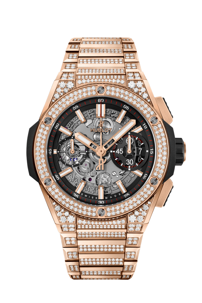 宇舶表BIG BANG UNICO皇金满钻炼带计时码表，搭载HUB1280 UNICO自动上炼飞返计时导柱轮机芯，310万7000元。（HUBLOT提供）