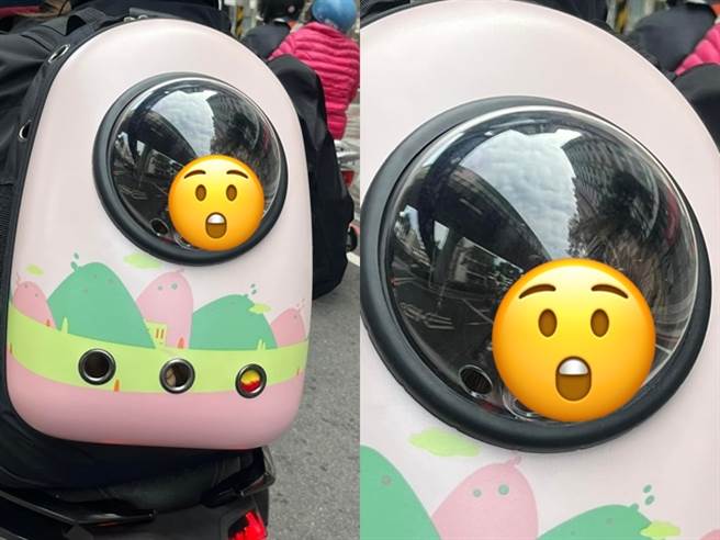 网友发现前方机车骑士正背着宠物专用的后背包，以为里头是猫咪，结果看见透明外壳内竟是「1张人脸」，原来是1只洋娃娃，他笑说「差点没被吓死」。（翻摄自脸书「爆废公社公开版」）