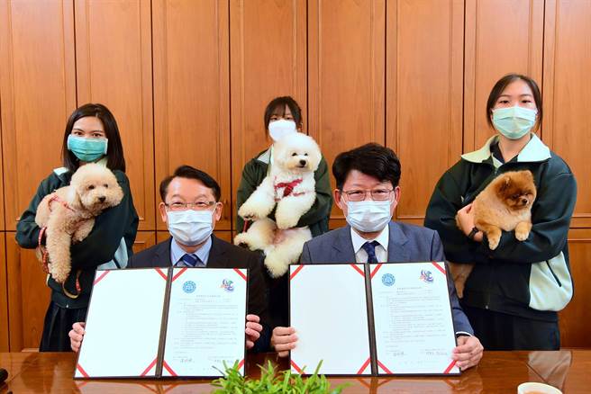 侨泰高中12日与「社团法人台湾畜犬协会（KCT）」缔结策略联盟，由校长温顺德（左）与理事长薛瑞铭共同签署合作备忘录。（侨泰高中提供提供／黄国峰台中传真）