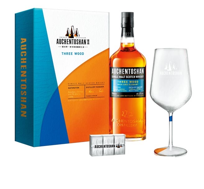 「欧肯三桶单一麦芽威士忌」礼盒内附不锈钢冰酒石乙组、欧肯专属红酒杯乙只。建议售价1,920元。图／业者提供