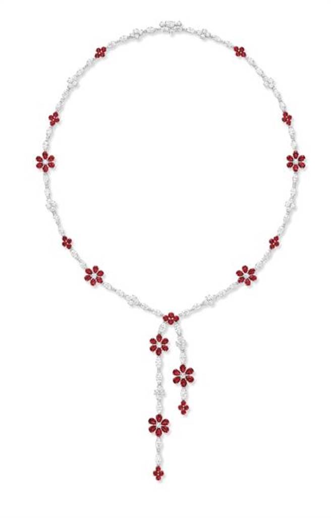 丽晶精品独家HARRY WINSTON_Forget-Me-Not红宝石和钻石Lariat项炼，价格店洽。（丽晶精品提供）