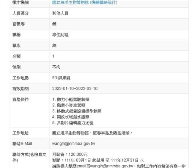 屏東海生館開出「專任助理」的職缺竟有高達12萬的月薪，讓網友們相當驚訝。(圖／翻攝自 PTT) 