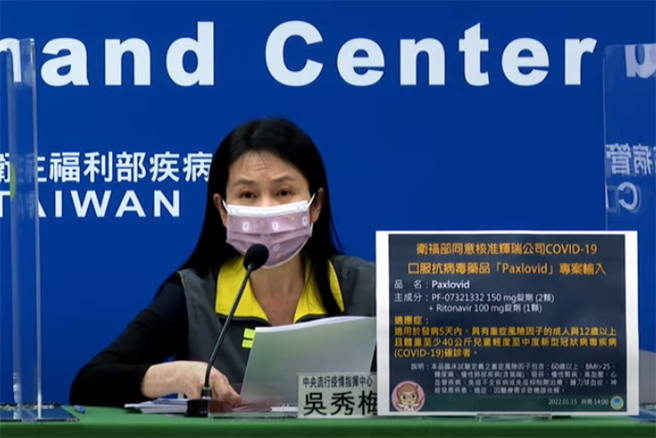 Paxlovid适用于发病5天内、具有重症风险因子的成人与12岁以上且体重至少40公斤儿童轻度至中度COVID-19确诊者。（指挥中心提供）