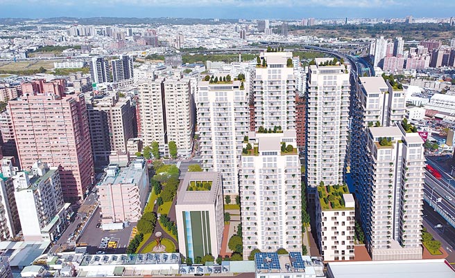 都发局14日为「左营机20」举办都市更新实施者招商说明会，该案强调住宅建筑之外还将纳入公园、长照机构设施，打造新时代的生活机能，也有望成为高雄首宗成功都更案例，图为空拍模拟图。（袁庭尧摄）