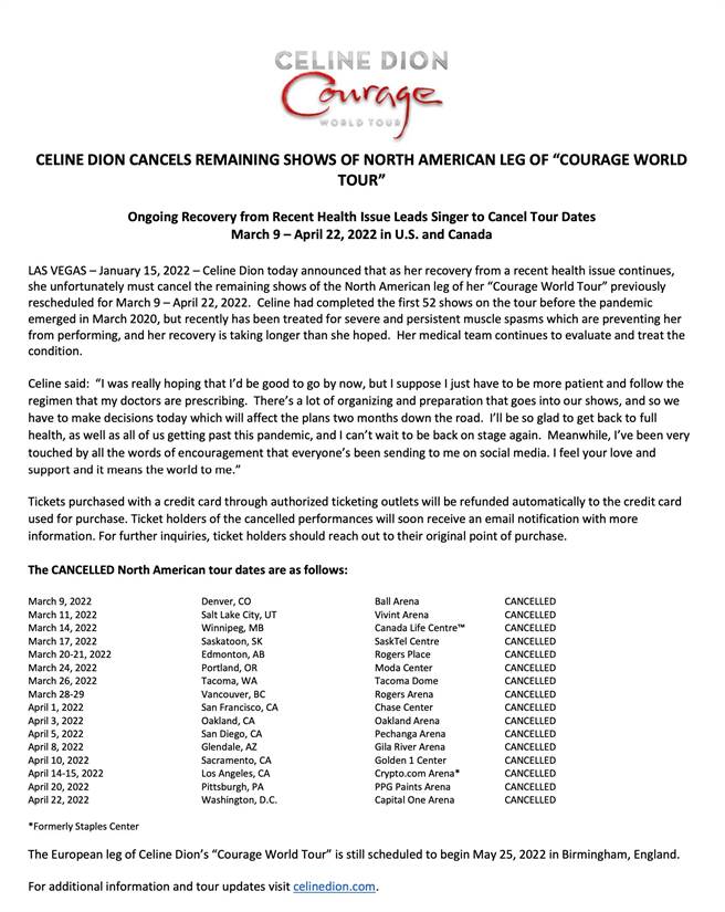 席琳狄翁的经纪公司发布的声明内容全文。（图／推特@席琳狄翁）