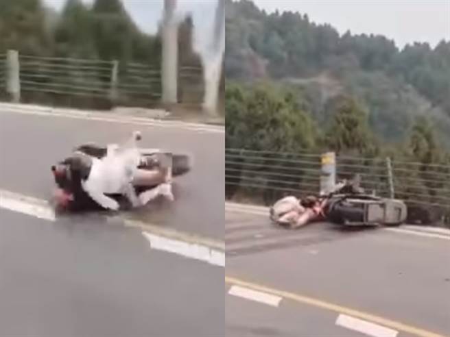 「三貼」機車過彎時，男騎士壓車重摔，車上3人當場摔落地並遭拖行數公尺撞擊護欄，其中坐最後面的長腿女疑似斷了3根手指，左手手掌不斷流出鮮血。（翻攝自臉書「爆料公社公開版」）
