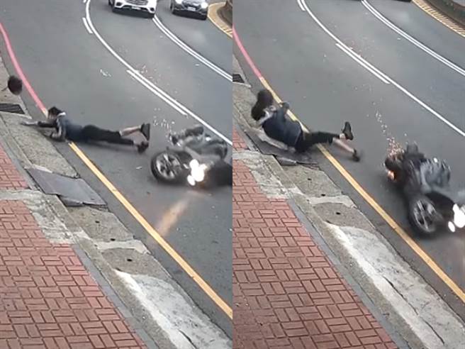 騎士過彎時疑似過度壓車造成慘摔，他倒路中「邊滾邊遭拖行」最後被甩至路邊，安全帽在過程中噴飛，車體也不斷冒出摩擦火光，騎士最後倒路邊。（翻攝自臉書「重機車友各區路況、天氣回報中心」）