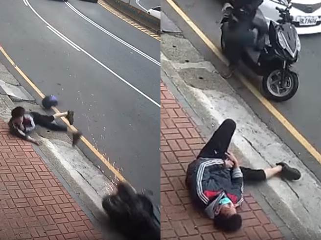 騎士過彎時疑似過度壓車造成慘摔，他倒路中「邊滾邊遭拖行」最後被甩至路邊，安全帽在過程中噴飛，車體也不斷冒出摩擦火光，騎士最後倒路邊。（翻攝自臉書「重機車友各區路況、天氣回報中心」）