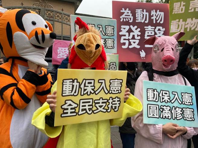 今日早上十多个动保团体于立院群贤楼外面，穿上各种动物造型装，要求动保入宪，并对今日修宪公听会「动保入宪」再度「被缺席」表达强烈不满。（台湾动物保护行政监督联盟提供）