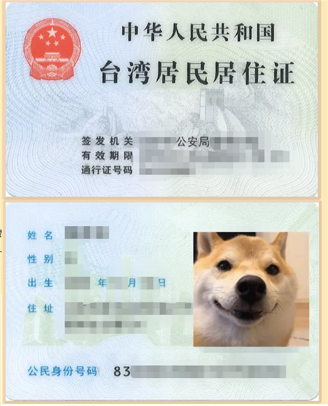 台灣居民居住證，與大陸身份證外觀上很相似，號碼以「83」開頭。（作者提供）