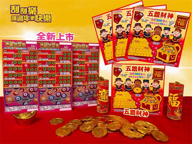 （台灣彩券再推出2款刮刮樂新品「五路財神」及「無敵開獎機」。圖／業者提供）