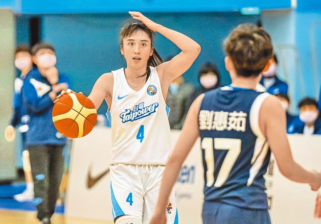 台电郭佳纹一边运球，一边摸头比出战术。（中华篮协提供）