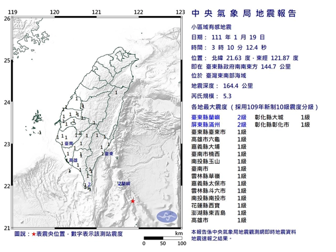 台東外海凌晨5.3地震。(圖/氣象局)