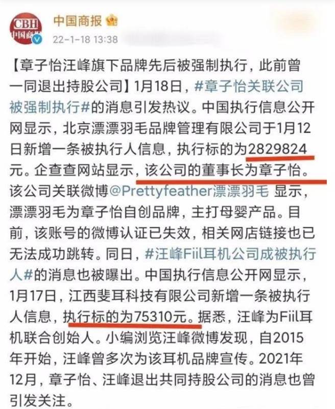 章子怡、汪峰旗下公司都被強制執行。（圖／微博@中國商報）
