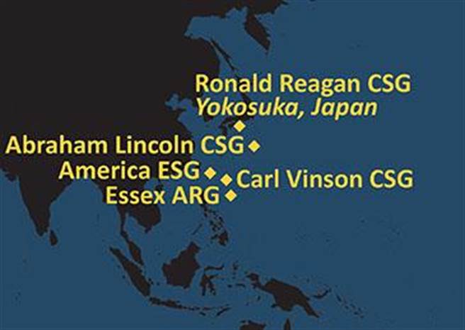 美频频秀肌肉！战略核潜艇停靠关岛基地，三个航母群往中国周边聚拢。图为美国海军机动部队齐聚印太。（ 摘自美国海军研究所USNI官网）