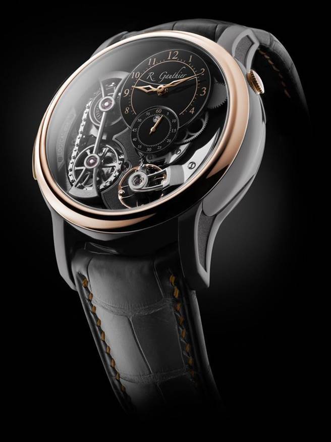 Romain Gauthier为瑞博品打造Logical one特制表，以钽金和玫瑰金打造，限量18只，仅在台湾和日本贩售。（瑞博品提供）