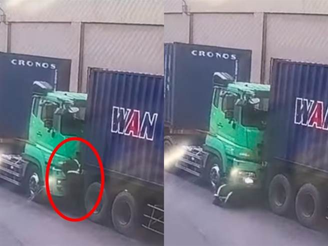 貨櫃車司機臨停路邊、沒拉手剎車，貨櫃車因此在斜坡滑行一段距離準備撞上前方貨櫃車，該司機發現後竟跑到2車中間欲「肉身擋車」，下秒就遭2車夾擊。（翻攝自臉書「記者爆料網」）