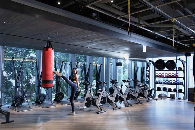 Self room 团课区有TRX、飞轮、滑雪机，直接面对窗外的绿意盎然。（路易莎提供）