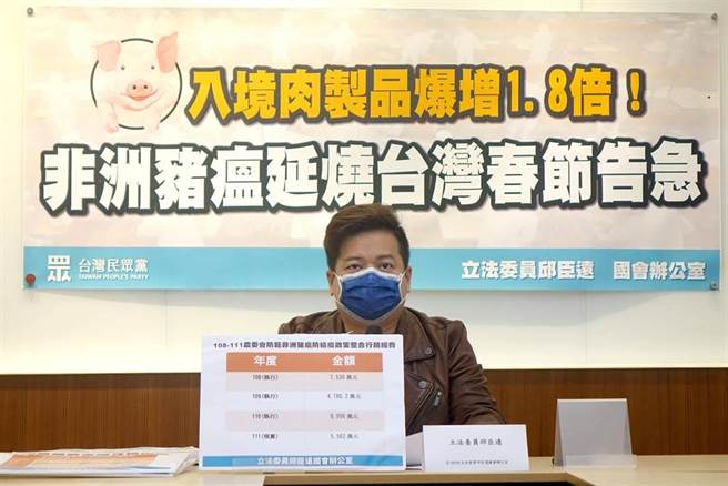 非洲豬瘟陽性率16.6％，民眾黨立委邱臣遠召開記者會示警。（黃世麒攝）
