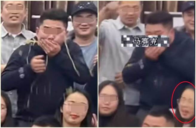 聚餐大合照，男突然呕吐，前排女同事惨遭「洗头」。（翻摄《星视频》影像）