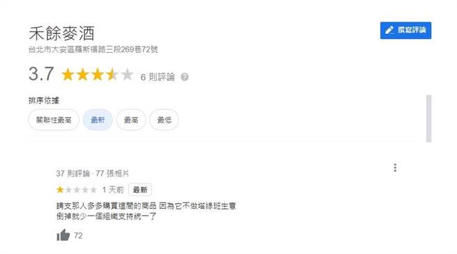 禾余麦酒目前仅剩6则评论，其余评论疑似已被删除。（图／翻摄自Google）