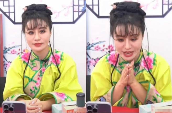 女直播主开播带货忘开美顏，浓厚妆容全都露，真面目一览无遗。((取材自微博)