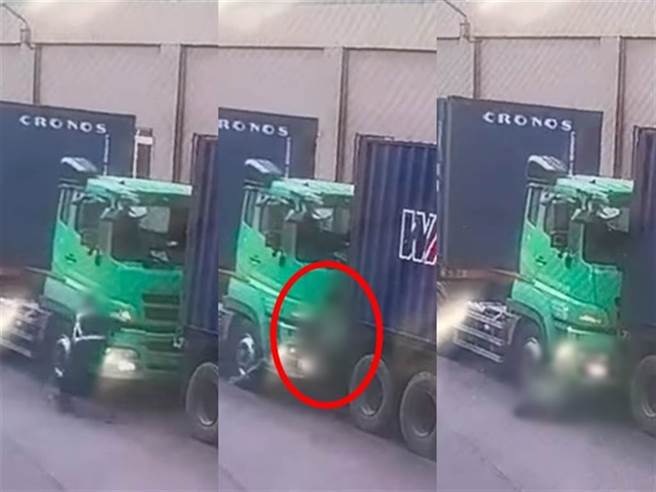 货柜车司机临停路边、没拉手剎车，货柜车因此在斜坡滑行一段距离准备撞上前方货柜车，该司机发现后竟跑到2车中间欲「肉身挡车」，下秒就遭2车夹击。（翻摄自脸书「记者爆料网」）
