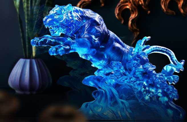 琉璃工房《勇者 无惧未来》虎年生肖系列，以六只完全不同姿态的老虎，涵盖完整议题。图为虎啸风云。（图／琉璃工房提供）