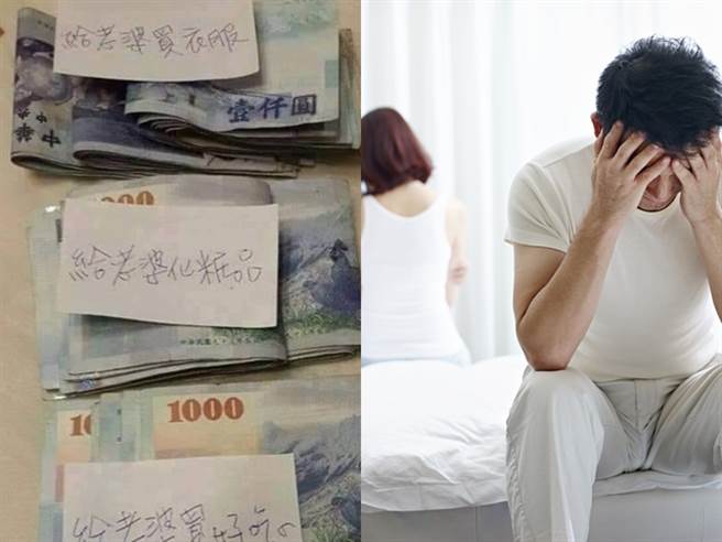 男子准备3迭超厚千元钞，分别贴上给老婆「买衣服」、「买化妆品」等字条，最后留给自己100元买衣服，他最后说「算很久了，才发现我根本没有老婆」。（翻摄自脸书「爆废公社」、示意图/Shutterstock提供）