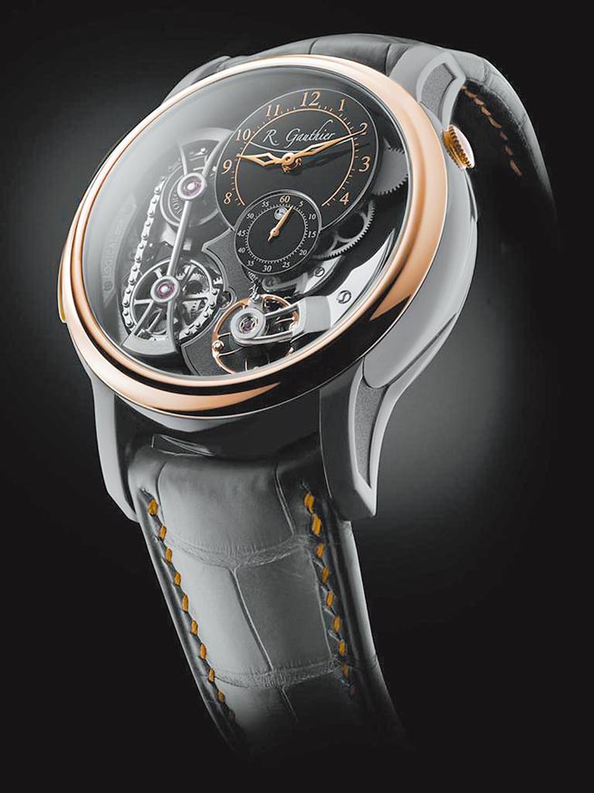 Romain Gauthier为瑞博品打造Logical one特制表，以钽金和玫瑰金打造，限量18只，仅在台湾和日本贩售。（瑞博品提供）