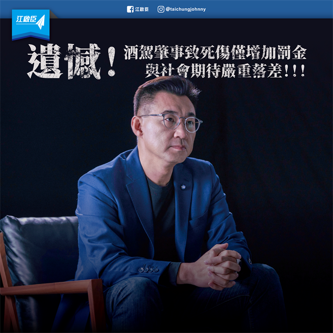 立法院司法委員會今初審通過刑法第185之3條修正草案，對於肇事致死傷的最低刑度未提高，國民黨立委江啟臣質疑行政院說一套做一套。（取自江啟臣臉書）