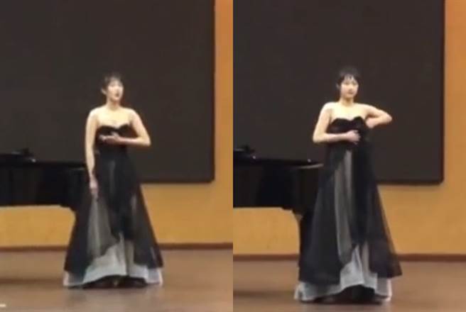 音樂系女大生期末考聲樂時，因為長裙尺寸不合，導致她只要一吸氣或是換氣時，整件長裙就會直接掉落。（圖／翻攝自《星視頻》）