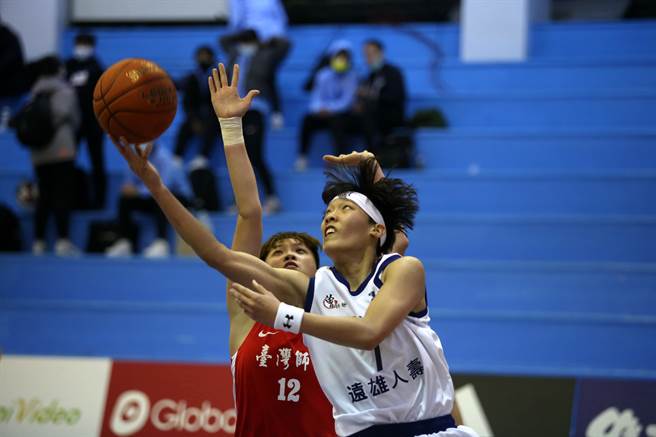 UBA女一级预赛，世新大学前锋苏嘉娴（右）拉杆挑篮，台湾师大前锋陈雅彤试图封阻。（李弘斌摄）