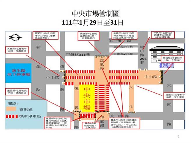 为避免春节採购人潮阻塞交通，台东县警局台东分局将于29日至31日针对台东市中央市场周边实施交通疏导道路管制。（台东县警局台东分局提供／蔡旻妤台东传真）
