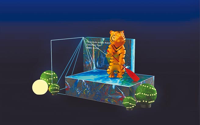 花莲每年农历年节的重头戏「花莲太平洋灯会」，今年因应虎年，以「花莲好虎福气」为主题，设计8个主题展区，其3D模拟图抢先曝光。图为老虎拿着船桨泛舟，呈现花莲的观光特色。（花莲县政府提供／罗亦晽花莲传真）