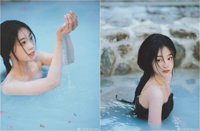 祝绪丹空灵地望着镜头，再加上花瓣洒落在她身上，画面绝美。（图／取材自祝绪丹Bambi微博）