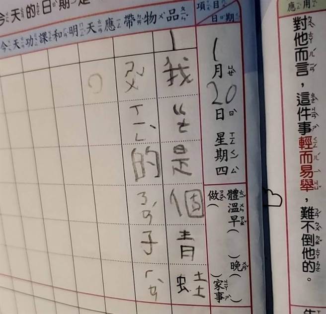 一名妈妈分享，小学一年级的女儿在连络簿写下，「我哥是个青蛙属性的男子汉」，让家人一头雾水。（图／翻摄脸书社团爆废公社）