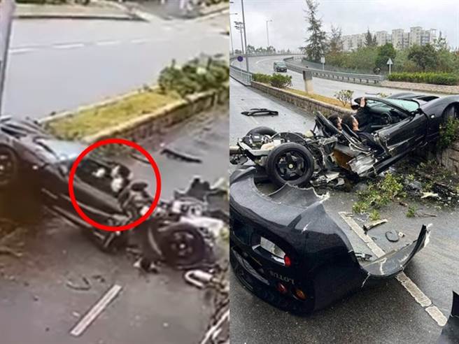 跑车遭电线杆「撞成两截」，后半部车身几乎粉碎，车身前半部竟没有重大损伤，连正副驾驶都好好地待在车内，警方处理时，2名男子甚至在车内滑起手机。（翻摄自脸书「重机车友❘各区路况、天气回报中心」）