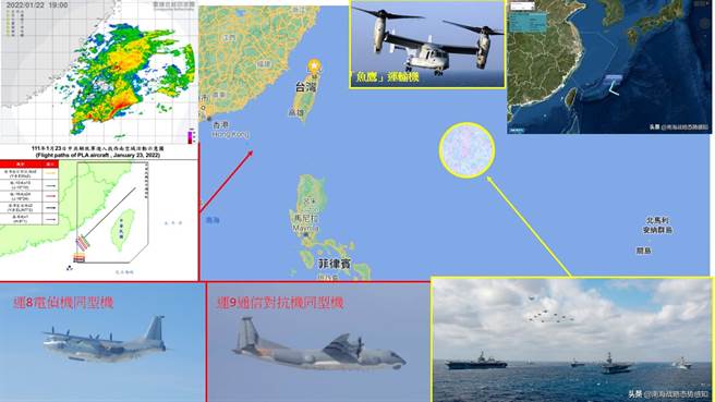 美日航母舰队在菲律宾海举行联合军演，中共解放军隔着巴士海峡、岛链相互叫阵。(图/作者陆文浩绘制)