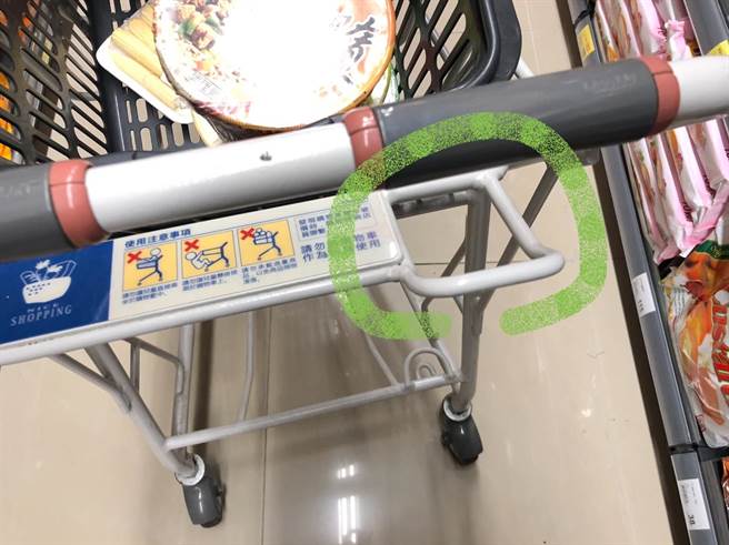 一名女网友逛全联时，发现手推车的扶手前有一个白色方框，好奇这个框框有什么用途。（图／翻摄脸书社团爆废公社）
