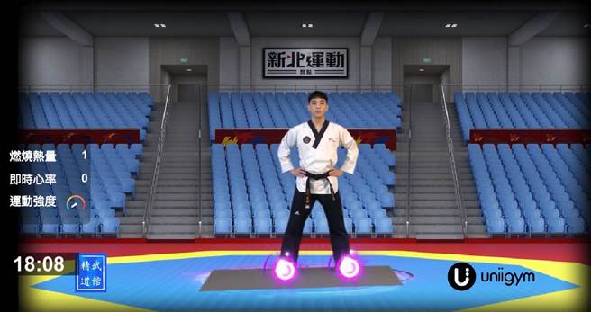 新北市体育处与新创团队优力劲联（Uniigym）合作，打造虚拟健身房，跆拳道品势金牌选手陪你一起线上运动。（新北市体育处提供）