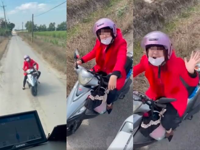 1名女骑士骑到货车旁大声互骂，一脸凶狠地用台语说「怎样」、「你大车嚣张喔」、「神经病、萧X掰，你去死」一连串粗话，甚至歇斯底里大叫，最后才愤然离开。（翻摄自脸书「爆废公社」）