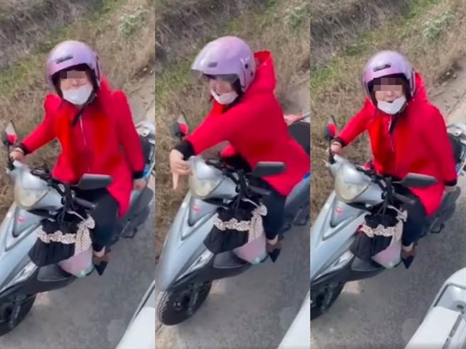 1名女骑士骑到货车旁大声互骂，一脸凶狠地用台语说「怎样」、「你大车嚣张喔」、「神经病、萧X掰，你去死」一连串粗话，甚至歇斯底里大叫，最后才愤然离开。（翻摄自脸书「爆废公社」）