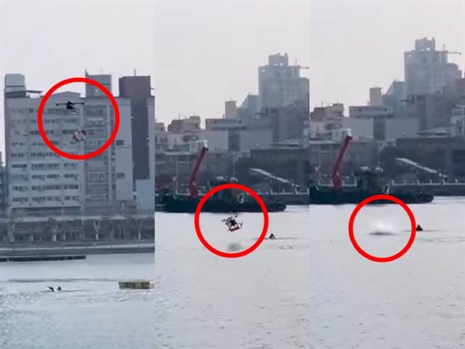 无人机载着救生圈搭救溺水者，没想到却当场「坠入水中」消失水面，让溺水者赶紧上前抢救，附近民眾与媒体纷纷看傻眼。（翻摄自脸书「记者爆料网」）