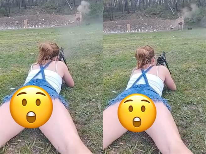 1名女子日前穿著清涼吊帶褲練習打靶，只見她露出「屁股蛋」與長腿趴在草地射擊，過程身體隨著後座力「不斷晃動」，網友紛紛笑喊屁股好Q彈。（翻攝自臉書「爆廢公社公開版」）