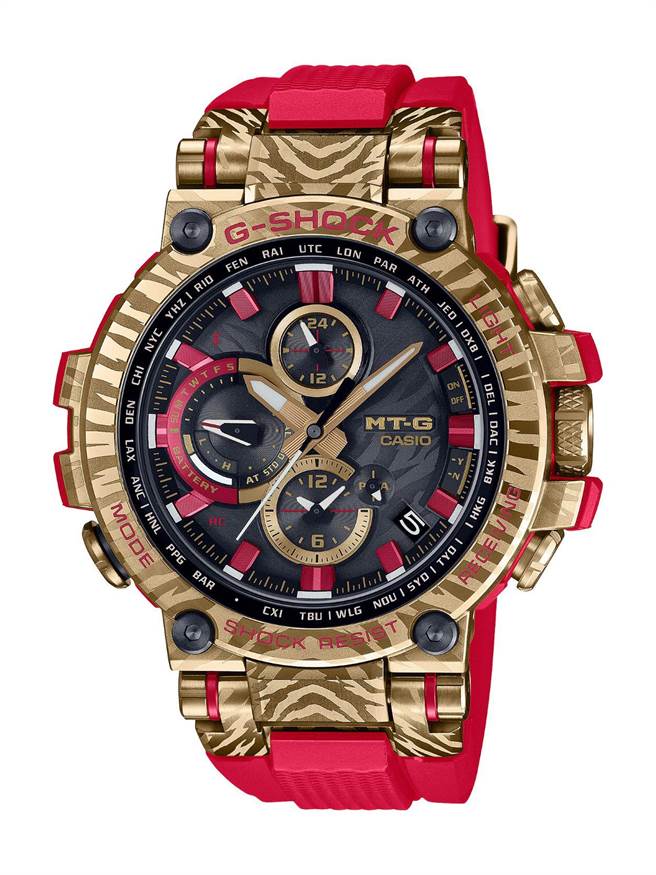 G-SHOCK年节主打虎年限定版MT-G生肖表，以喜气的红、沉稳的黑与奢华的金为主题色调，诠释祥虎充满勇气、力量与尊贵的气势。（G-SHOCK提供）