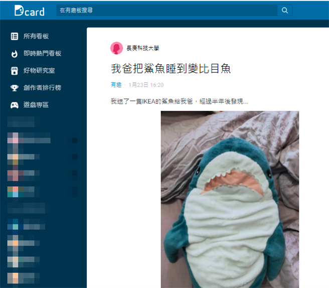 1名女网友日前送给父亲IKEA知名鲨鱼抱枕（Blahaj），没想到过了半年她发现抱枕竟消风小了一倍，圆滚滚的身躯变成「比目鱼」扁平状。（翻摄自Dcard）