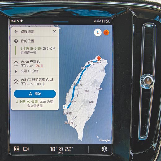 Google車載系統，提供路線規畫，並可顯示預估電力。（陳大任攝）
